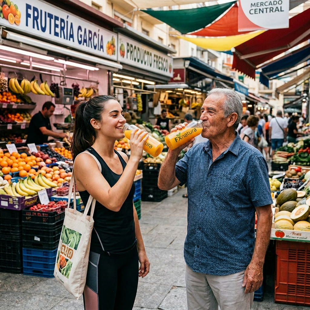 Young woman and older man drinking from orange bottles in a vibrant fruit market.